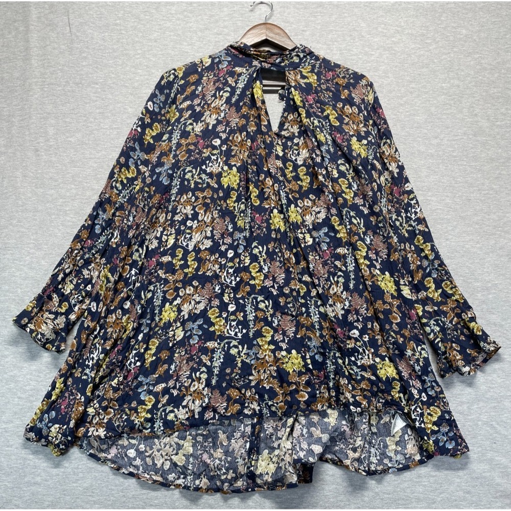 Umgee USA Tunic Dress Womens M Navy Blue Floral Print High Low Hem Boho Neck
